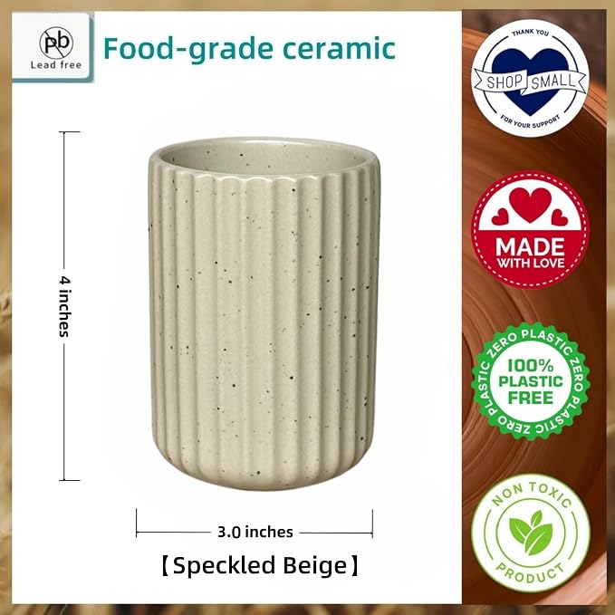 Stoneware Toothbrush Holder for Bathroom Tooth Brush Holder for Bathroom Toothbrush Cup Toothbrush Holders Cute Fluted Vertical Ribbed Stripe (Speckled Beige)