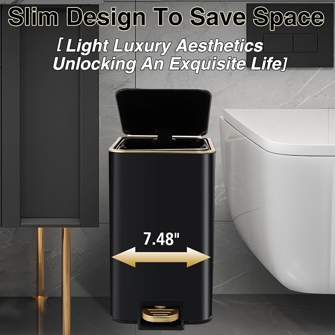 XLHOMO Black Bathroom Accessories 8 Piece Black and Gold Bathroom Set, Bathroom Accessories with Stainless Steel Bathroom Trash Can,Toilet Brush,Toothbrush Set,Soap Dispenser