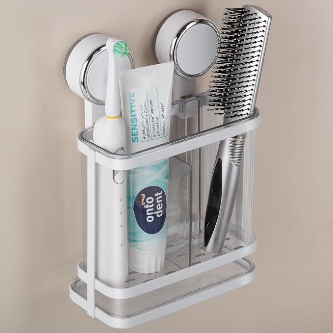 Toothbrush Holders Electric Tooth Brush and Toothpaste Organize, Clear | Wall Mounted, Suction Cup, for Bathroom, Shower, Countertop, Vanity