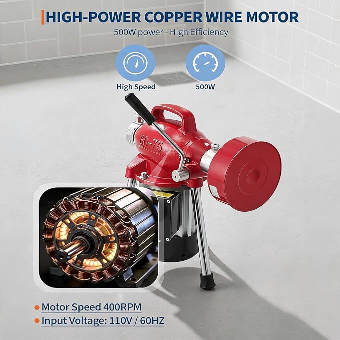500W 400 RPM Auto Feed Electric Drain Cleaner Machine (66FT x 5/8" + 16FT x 3/8", Red) | Portable Drain Cleaning Auger Sewer Snake with 66 ft x 5/8" & 16 ft x 3/5" Steel Cables & 6 Cutters, for 1.6"-4" Pipes