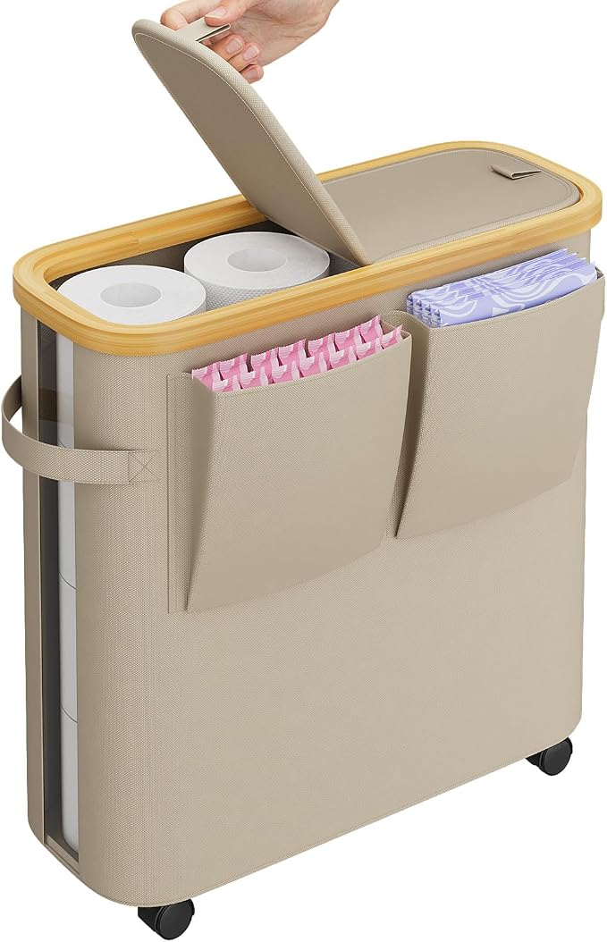 Toilet Paper Storage Basket with Lid, Bathroom Toilet Paper Holder, Khaki | Bathroom Toilet Paper Organizer for 9-12 Rolls Large Capacity, Foldable Fabric Bamboo Toilet Paper Container with Pockets