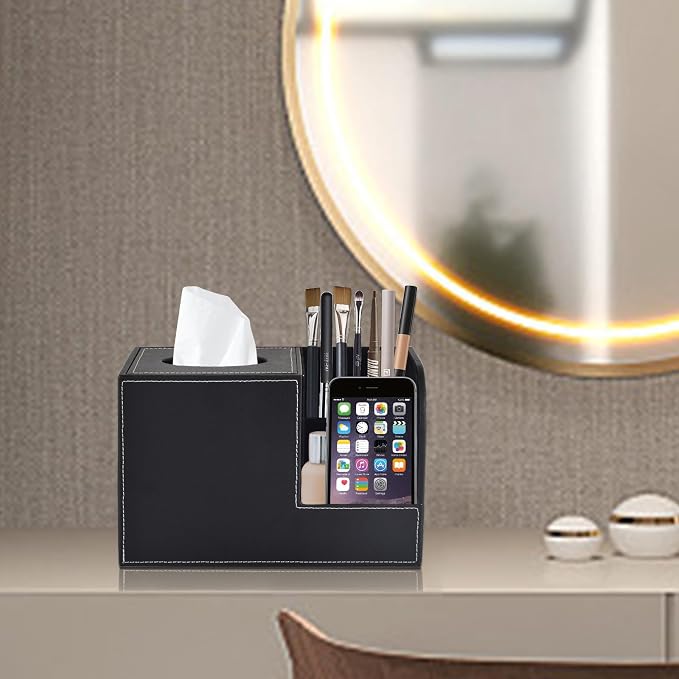PU Leather Tissue Box Cover with Storage Square-Multifunctional Tissue Holder,Remote Control Holder,Decorative Tissues Boxes Organizer,Home Office Desktop Storage box,Black