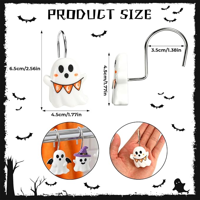 Halloween Shower Curtain Hooks 12 Pcs Ghost Pumpkin Decor Set | Resin Metal Standard Size, Smooth Gliding Rustproof, Bat Skull Spider Cat Designs, Bathroom Festive Home Accents