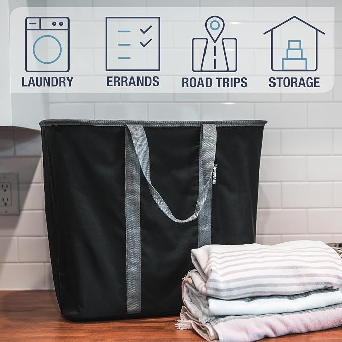 CleverMade Collapsible Laundry Caddy, 64L Pop-Up Hamper, 2 Pack, Denim Gray | Move 2 Full Loads Without Spills | Reinforced Rim and Base Stay Upright, While Soft Handles Ease Trips to the Washer