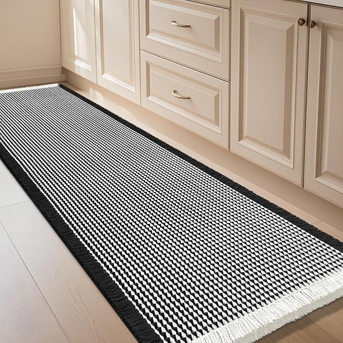 Waffle Bath Mat Black & Cream 4'x2', Boho Woven Modern Bath Mat Rugs, Absorbent Non Slip Bathroom Rugs, Soft Washable Bath Rugs with Tassels for Bathroom, Bedroom, Kitchen, Shower, Tub