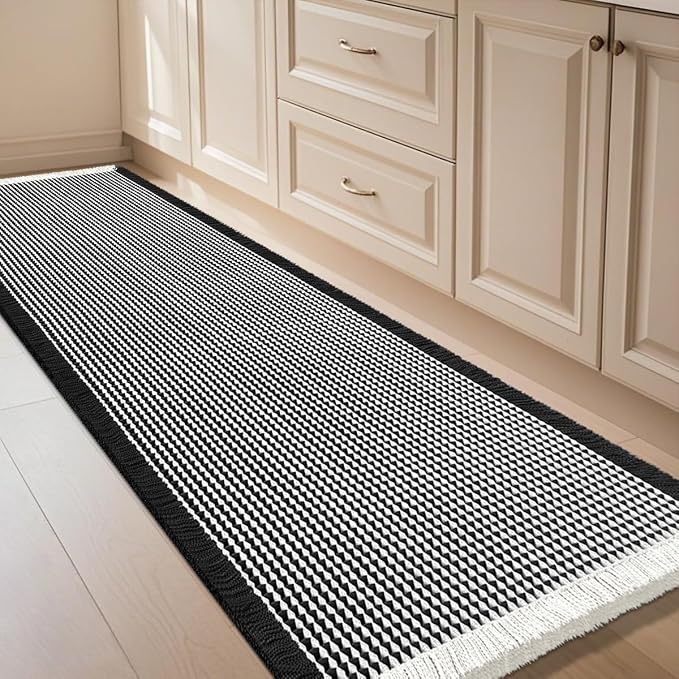 Extra Large Waffle Bath Mat Black & Cream 6'x2'(72" x 24"), Boho Woven Modern Bath Mat Rugs, Absorbent Non Slip Bathroom Rugs, Soft Washable Bath Rugs with Tassels for Bathroom