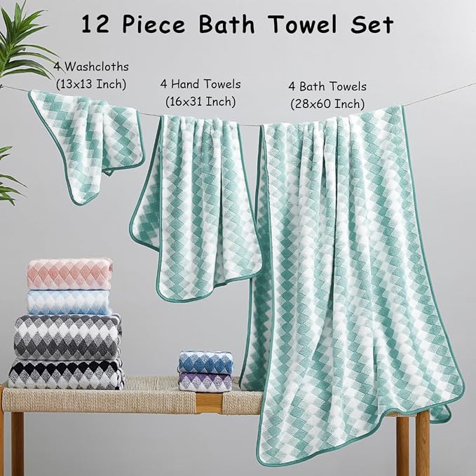 12 Pcs Turquoise Diamond Towel Set-4 Bath Towels,4 Hand Towels,4 Washcloths Soft Polyester Towels with Loop Absorbent Shower Towel Quick Dry Beach Chair Towel Family Towels for Bathroom Spa Gym Pool