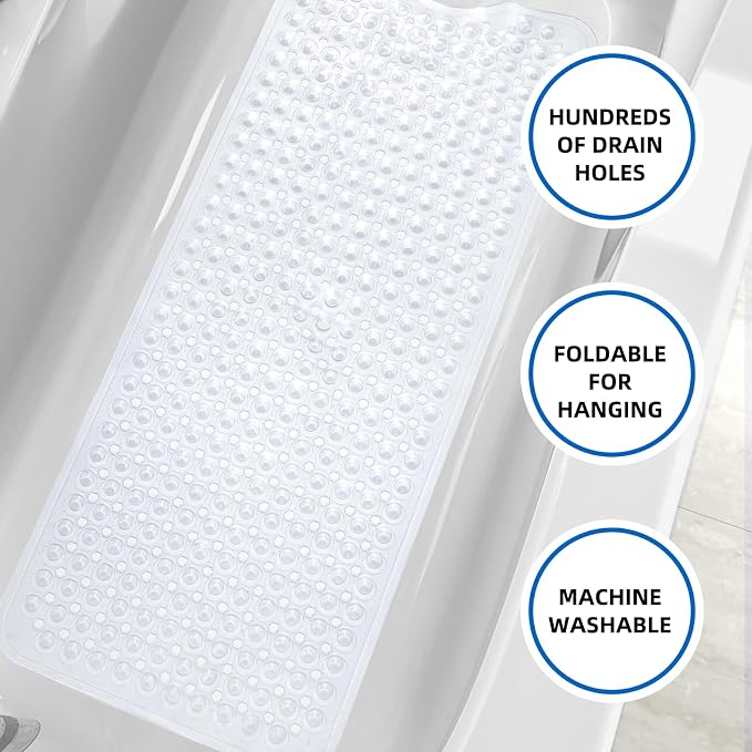 MOONFLY Shower and Bathtub Mat, 40x16 Inches, Clear | Extra Long Non Slip Mats with Suction Cups,Drain Holes, Machine Washable ,Anti Slip Bathmats, Bathroom Mats for Tub Nonslip