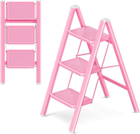 3 Step Ladder, Foldable Step Stool with Widened Pedal, Pink | Sturdy Carbon Steel, Anti-Slip Feet, Portable, 330LBS Capacity, Space Saving, for Kitchen, Bedroom, Pantry Use