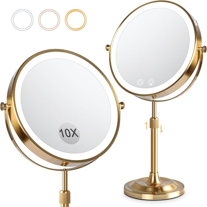 8" Makeup Mirror with Lights,4000mAh RechargeableVanity Mirror,1X/10X Double Sided Magnifying Mirror withAdjustable Height, 3 Colors Stepless Dimming Lighted MakeupMirror,Women Gift,Gold