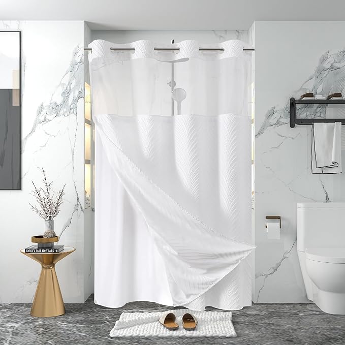 eachope stall no Hook Tufted Shower Curtain with snap in Liner Set, White Waterproof Fabric Inner Liner,Boho Style Shower Curtain with See Through top Window, White, 54Wx80H