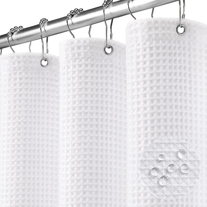 Waterproof Waffle Shower Curtain Heavyweight Cotton Fabric White 72Wx72L | Soft Cotton Cloth,3D Square Truely Waffle,Waterproof,Washable, Hotel Luxury Spa, Shower Curtain for Bathroom 12 Plastic Hooks