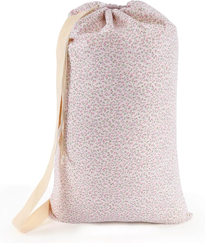 Laundry Bag Backpack for Dorm & Travel, 29 x 18" Large Dirty Bag | Cute Pink Floral College Clothes Pouch with Straps and Handles. Ideal for Apartment, Camp and Portable Bag for Laundromat