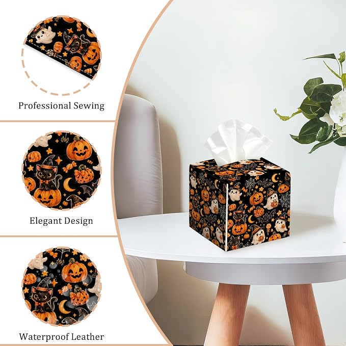 Halloween Ghost Tissue Box Cover Square, Halloween Desk Decor Cube Tissue Box Holder, Autumn Tabletop Decor Leather Facial Paper Organizer Dispenser for Bathroom Home Night Stand Living Room/34