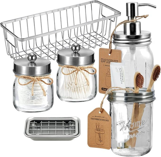 SheeChung Mason Jar Bathroom Accessories Set, Rustic, 6Pcs, Brushed Nickel | Glass Bathroom Accessory Set, Soap Dispenser, Toothbrush Holder, 2 Qtip Holders,Soap Dish,Wire Basket,Western Farmhouse Decor