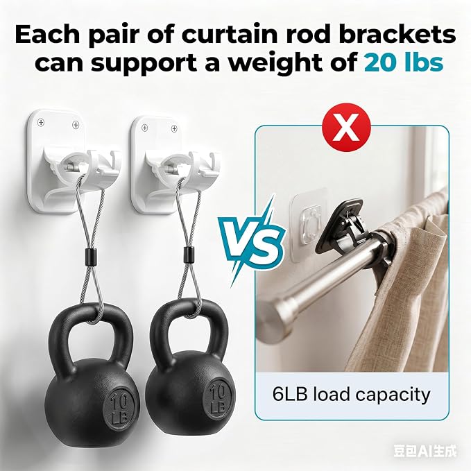 No Drill Curtain Rod Brackets-20LB, 6 Pack Self Adhesive Curtain Rod Holder | Peel and Stick Wall Hooks, Renter Friendly Upgrades for Apartment, Kitchen, Bathroom, Dorm, and RV, Housewarming Gifts