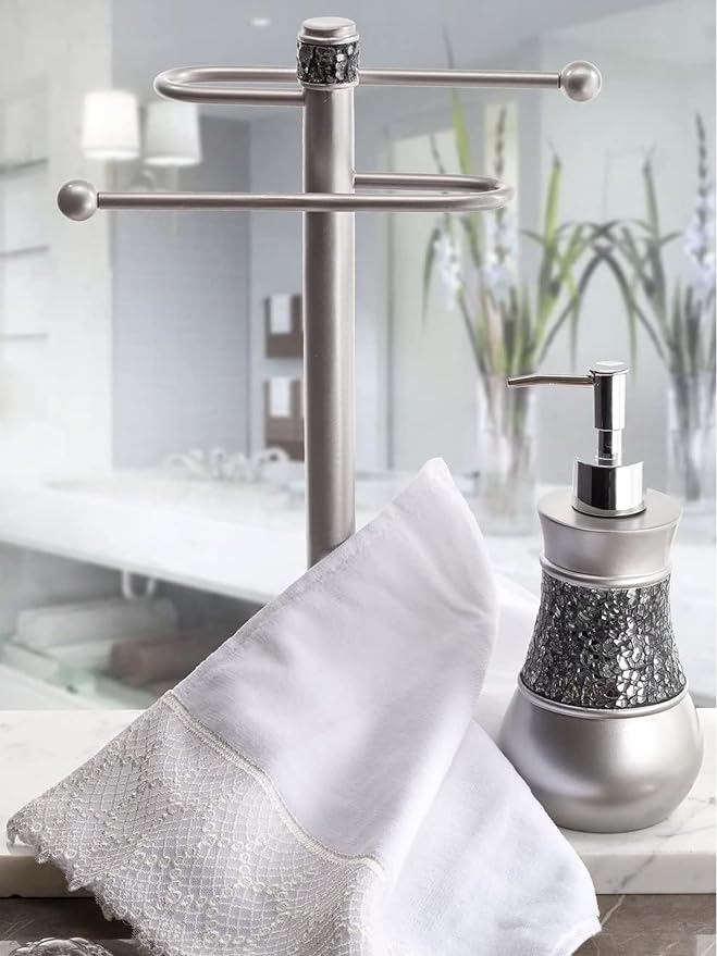Creative Scents Crackled Glass Silver Hand Soap Dispenser for Bathroom, | Decorative Countertop Lotion Dispenser, Elegant Liquid Soap Dispenser with Sturdy Pump for Classic Bathroom Décor