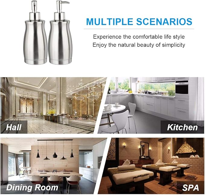 Soap Dispenser Stainless Steel - Brushed Nickel Pump Dispenser Bottle Refillable Liquid Hand Dish Soap Dispenser for Bathroom, Kitchen, Countertop, Silver (13.5 Oz / 400ML)
