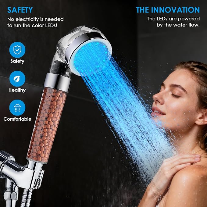 Vacto Temperature Controlled 3-color Changing Shower Head Kit, Water Saving Showerheads with Filtration Beads, LED High Pressure Handheld Shower Head Set with Hose and Bracket