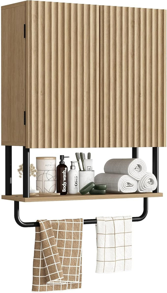 RUSTOWN Fluted Bathroom Wall Cabinet with 2 Doors, 3-Tier Medicine Cabinet | Modern Farmhouse Wall Mounted Cabinets, Over The Toilet Storage Cabinet, Adjustable Shelf and Towel Bar, Medium