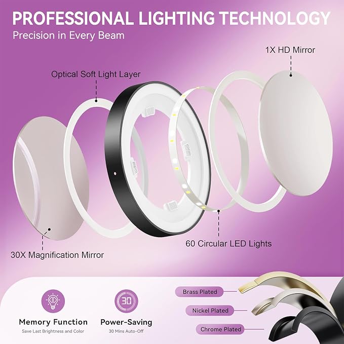 Auxmir 9" 1X/30X Lighted Makeup Mirror, Rechargeable Maginfying Mirror | 3 dimmable colors, 14.9-18.5 in adjustable height, 3000mAh, 360°rotation, stable storage base, 30X magnification, Black