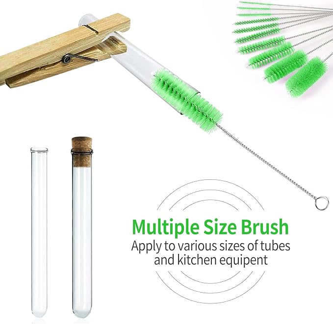 CiaraQ Bottle Cleaning Brushes, 8 Inch Nylon Tube Brush Set | Green Cleaner for Narrow Neck Bottles Cups with Hook, Set of 10pcs.