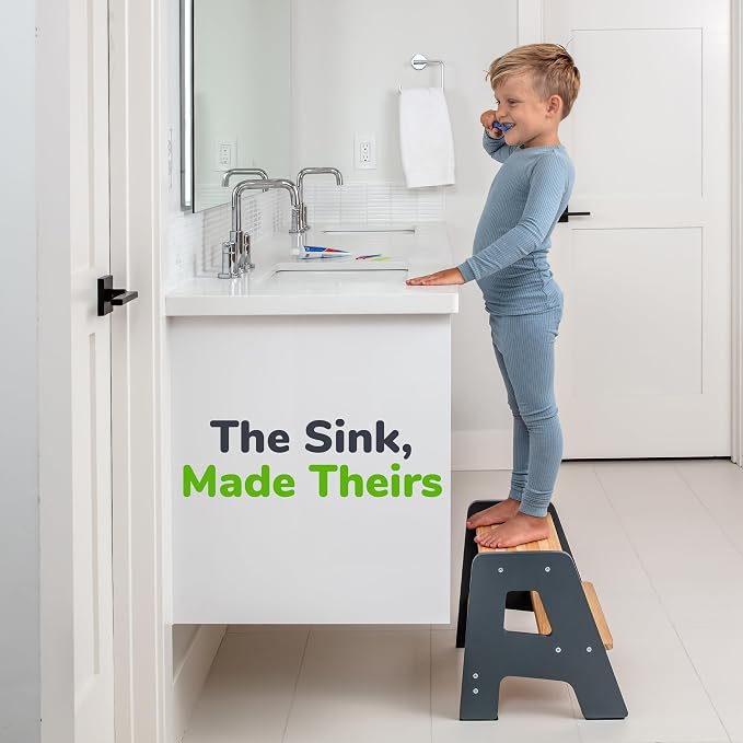 2-Step Wooden Toddler Step Stool for Bathroom Sink & Kitchen Use - Gray | Non-slip steps and padded feet for extra stability. Lightweight to carry, safely supports ages 2+ and adults up to 250 lbs.