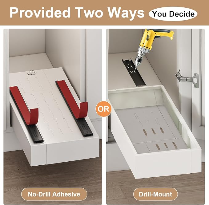 Fokyfok Pull out Cabinet Organizer,7"-11"W, 17"-24"D,Expandable,Adhesive | No Drill,Adjustable Slide out Drawers for Kitchen,Pantry,Roll out Shelves,for Cabinets Without Lip,Bathroom,White,1PC