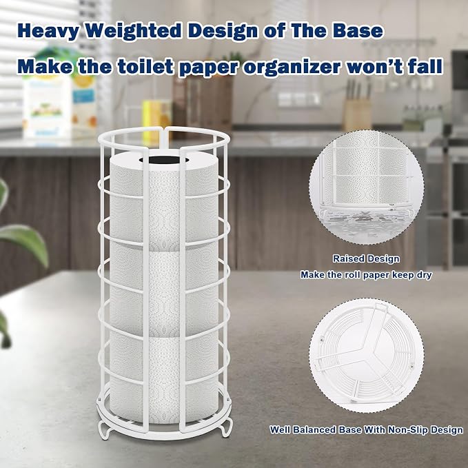 NearMoon Toilet Paper Organizer Stand, Free Standing 3 Rolls Tissue Storage, Metal Bathroom Accessory, Rustproof Toilet Roll Holder for Kitchen Countertop Inside Cabinet Shelf(Metal Base, White)