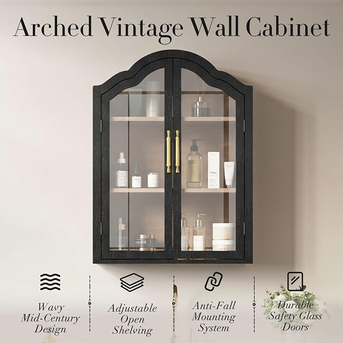 FIMELLO 23.6’’W Wave Design Arched Wall Cabinet, Bathroom Cabinet with Glass Doors Adjustable Shelf, Above Toilet Cabinet, Kitchen Wall Cabinet, Wall Bookshelf, Black Grain