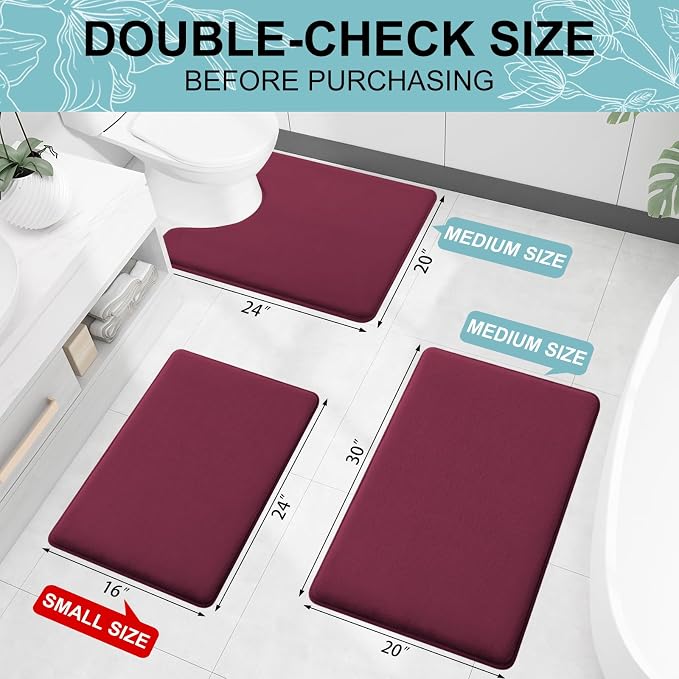 Smiry Memory Foam Bath Mat 44x24, Extra Soft and Absorbent Bathroom Rugs | Burgundy, Quick Dry Machine Washable Non-Slip Bath Mat for Bathroom Floor, Shower and Tub