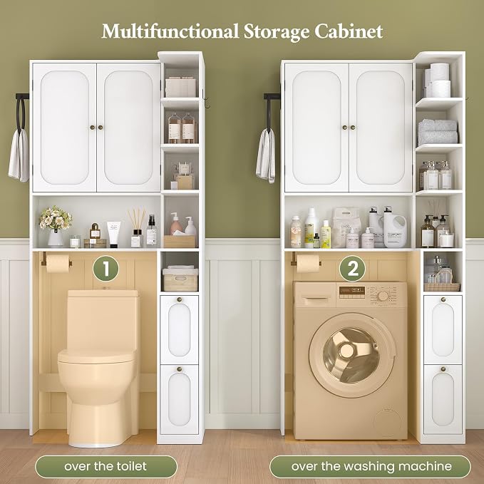 7-Tier L-Shaped Wooden Over the Toilet Storage Cabinet with Doors, Modern Over Toilet Bathroom Organizer Shelf with 2 Large Drawers, Bathroom Over Toilets Storage Cabinet, Space Saver, White