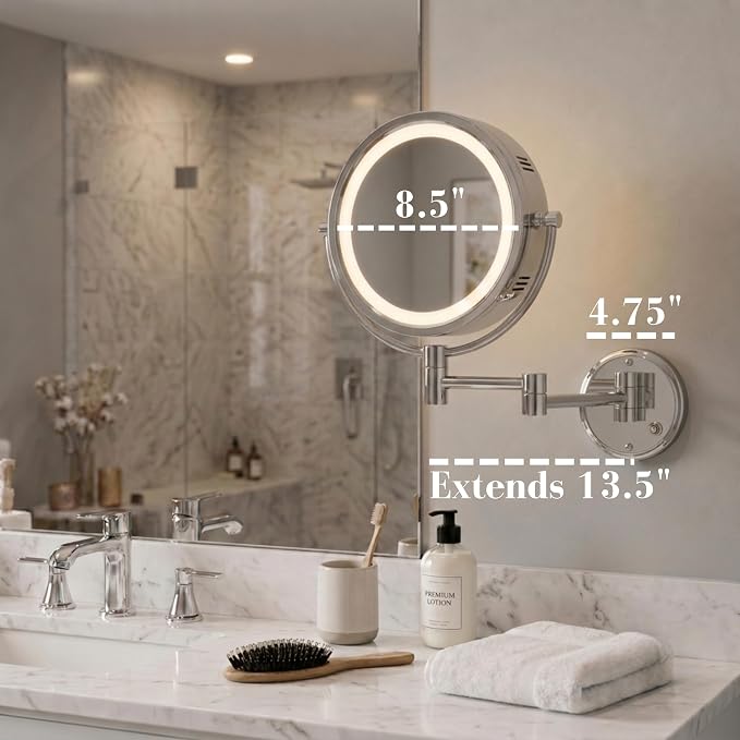 JERDON Hardwired Wall-Mount Makeup Mirror - 8X/1X - Chrome - HL88CLD | 8.5" Round Frame, 13.5" Wall Arm, LED Lighting, Direct Wire Installation