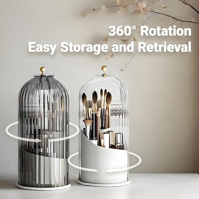 Birdcage-Style Concealed Toothbrush Holder Sliding Lid Bathroom Counter Organizer Tooth Brush Holder for Bathroom 360 Rotating Waterproof Dustproof Makeup Brushes Storage for Vanity (Black)