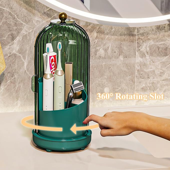 Drainable Toothbrush Toothpaste Holders with Cover, Green | Drainage Holes, Waterproof and Dustproof, 360° Rotating Base, Sliding Door, for Bathroom Counter