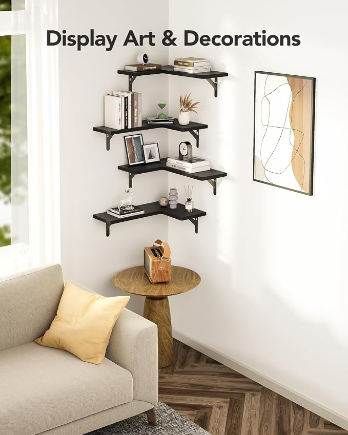 Amada Corner Floating Shelves, Paulownia Wood, Set of 4, Black | Corner Wall Shelves with Triangular Metal Bracket, 44 lbs Capacity per Shelf, L-Shaped Design for Home Decor, Kitchen Storage
