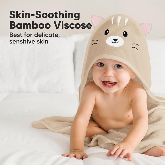 KeaBabies Hooded Baby Towel for Newborn, Baby Bath Towels (Cat, 35x35) | Viscose Derived from Bamboo, Large Baby Towels with Hood, Boys, Girls, Toddler, Soft Absorbent Baby Bath Essentials