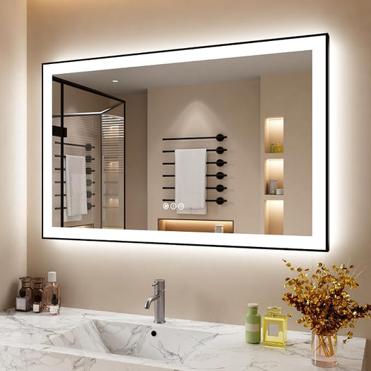 48x32 Inch LED Bathroom Mirror with Black Frame | Black Metal Frame, Front and Backlit, 3 Colors, Dimmable, Memory, Anti Fog, Tempered Glass, Lighted Mirror for Wall