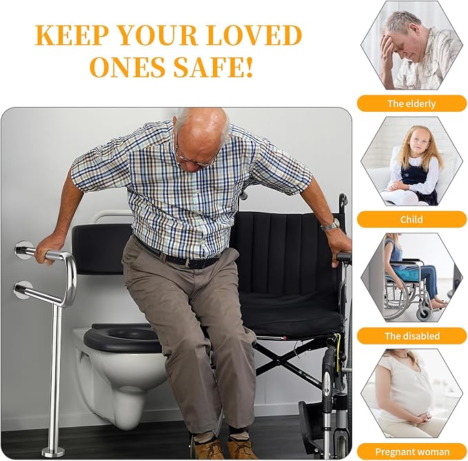 Toilet Grab Bar 32 Inch with Leg, YuanDe Chrome Anti-Slip Toilet Handrail | Wall & Floor Mounted Stainless Steel Grab Bar, Knurled Handicap Support Rail for Elderly, Disabled, Pregnant