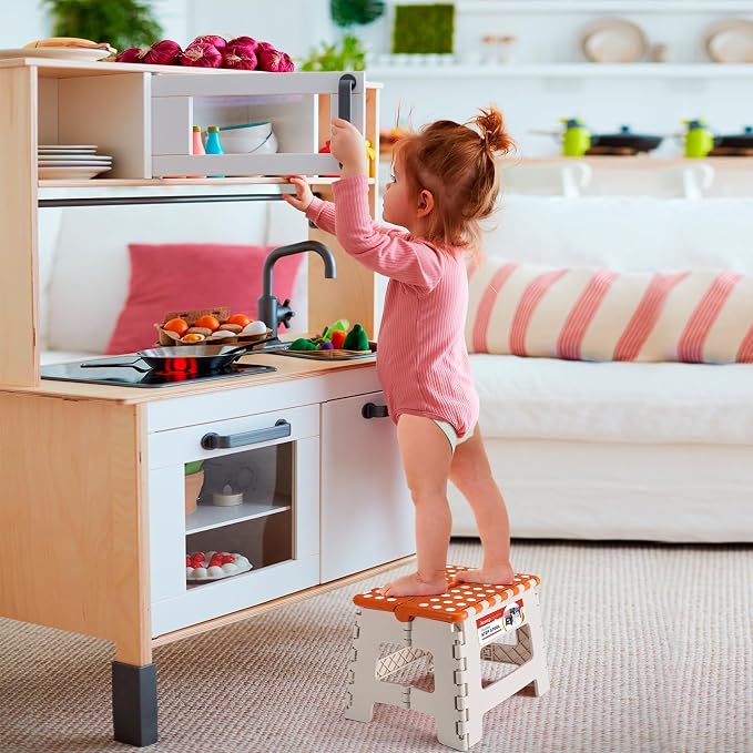 Folding Step Stool 9 Inch for Kids, 300 lbs, Bicolor Orange | Lightweight Plastic Small Foldable Step Stool with Handle, Non-Slip, for Kitchen, Bathroom, Bedroom and Closet
