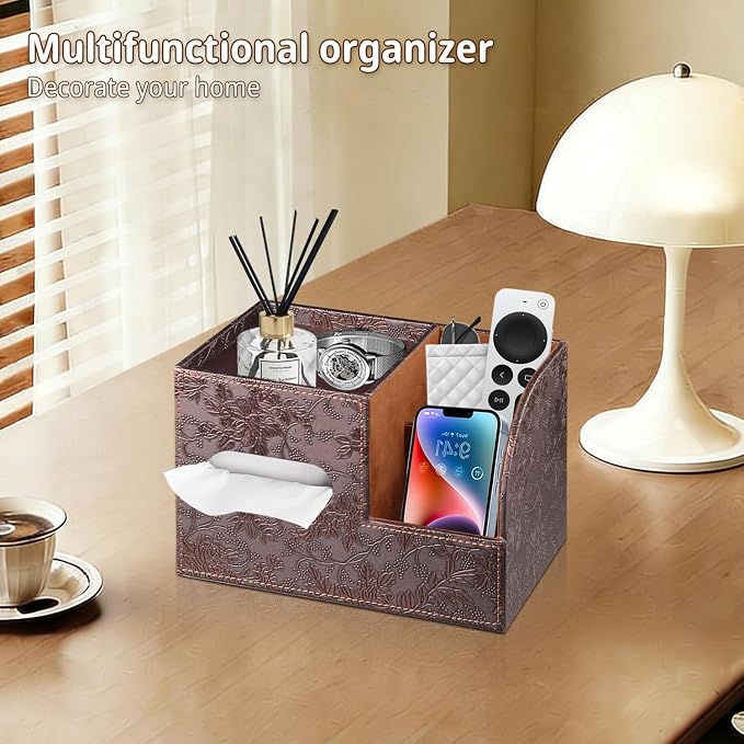 PU Leather Square Tissue Box Cover with Storage Tray,Cube Tissue Box Holder