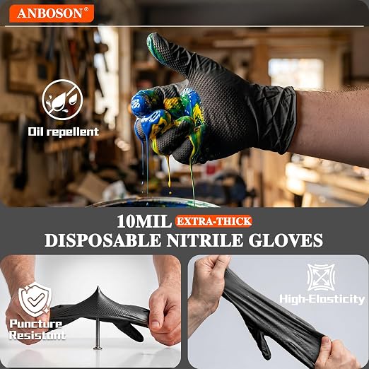 10 Mil Heavy Duty Mechanic Nitrile Gloves, Medium Black 200 Count | Diamond Grip,Latex Free,Chemical Resistant Disposable Thick Rubber Gloves for Auto Repair, Industrial, Food, Work ,BBQ,Men