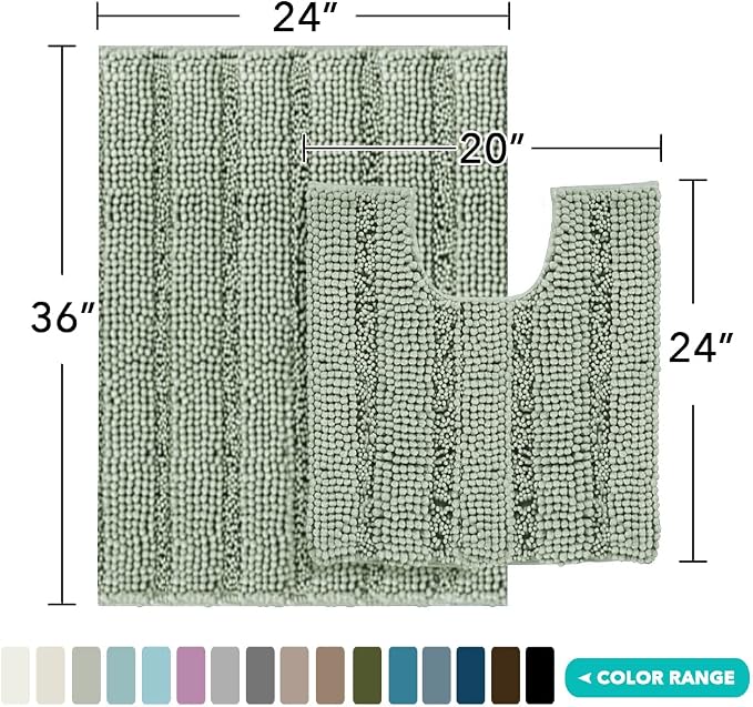 Turquoize Chenille Bathroom Rugs Set Non-Slip Bath Mats for Bathroom Super Absorbent Shaggy Rugs for Tub Shower Toilet Plush Bath Rug Plus U Contour Rug (Oversized: 24" x 36" and 20" x 24" U), Sage