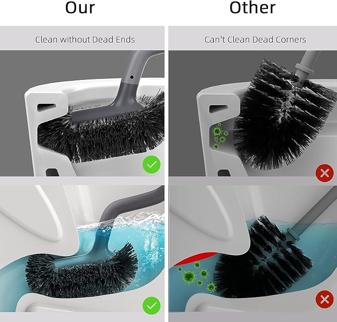 HAMITOR Toilet Bowl Brush Holder Set, Dead Corner S-Shaped Bristle Scrubber | Curved Bristles Clean under Rim and Corners, Ventilated Holder Dries Fast, Long Ergonomic Handle, Soft Grip, Saves Space, Rv