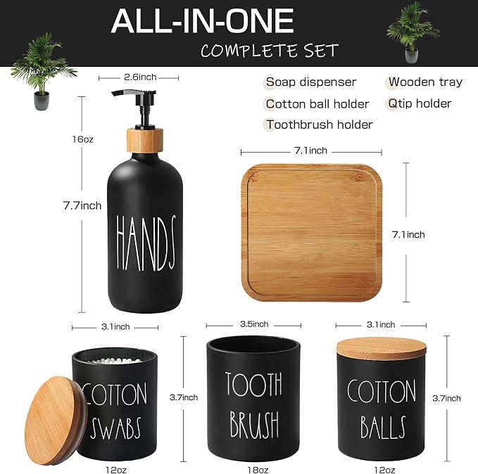 Matte Black Bathroom Accessories Set, 5 Pcs Glass Bathroom Accessory Set with Bamboo Tray, Soap Dispenser and Toothbrush Holder Set, Qtip Holder Set, Farmhouse Boho Bathroom Set Complete