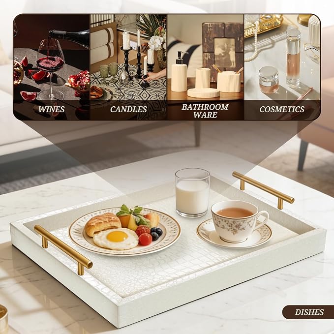 SXNOWS Faux Leather Serving Tray with Gold Handles, 17x12 in | Elegant Cream Rectangle Decorative Tray, Perfect for Ottoman Coffee Table Kitchen Bar, Stylish Gift for Home Decor