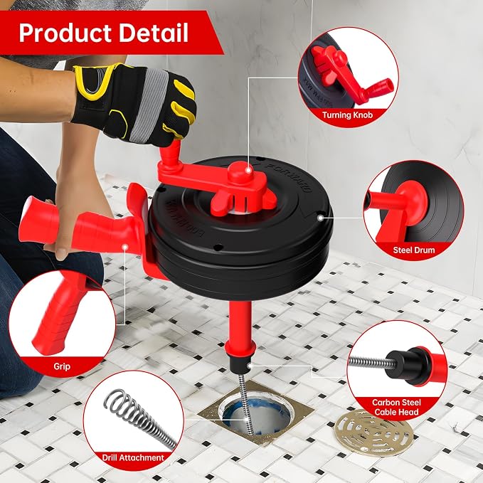 25 Feet Drain Snake Auger SEVVETROOL Plumbing Snake Drain Hair Clog Removal Tool | Plumbing Snake Clog Remover with Glove for Shower,Bathtub,Sink,Kitchen,Sewer(7.5M/25ft,Red)