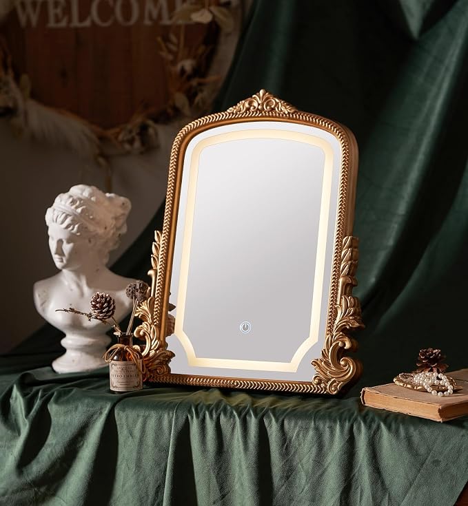 HSDDHOME Large 16x20 Vintage LED Vanity Mirror, Gold Arch Makeup Mirror | 3-color dimmable lights; antique carved frame; large tabletop for wide dressers