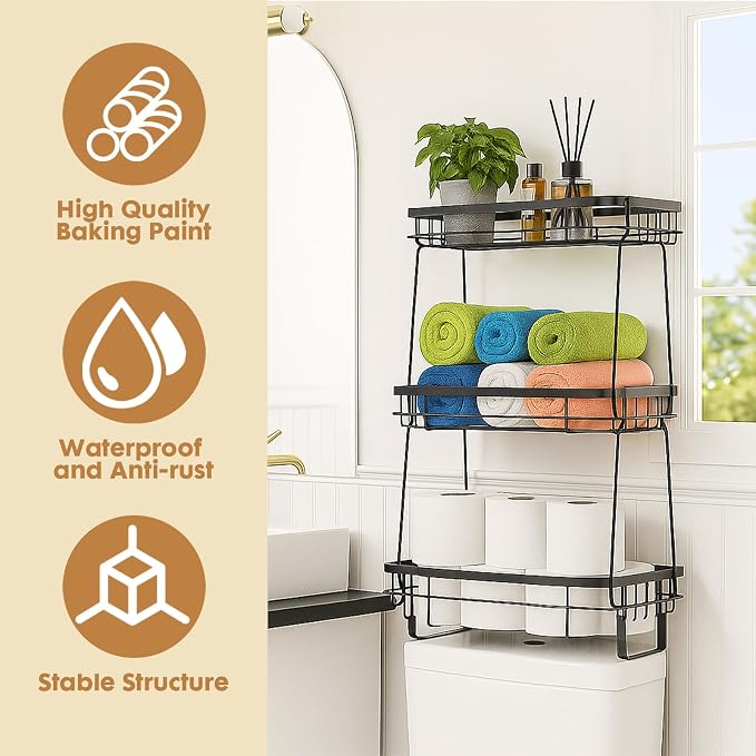 ShellKingdom Over The Toilet Storage Shelf, 3 Tier Toilet Paper Holder Rack | Punch-Free Bathroom Storage Rack with 2 Hooks, Small Space Organizers for Bathroom, Home, Black