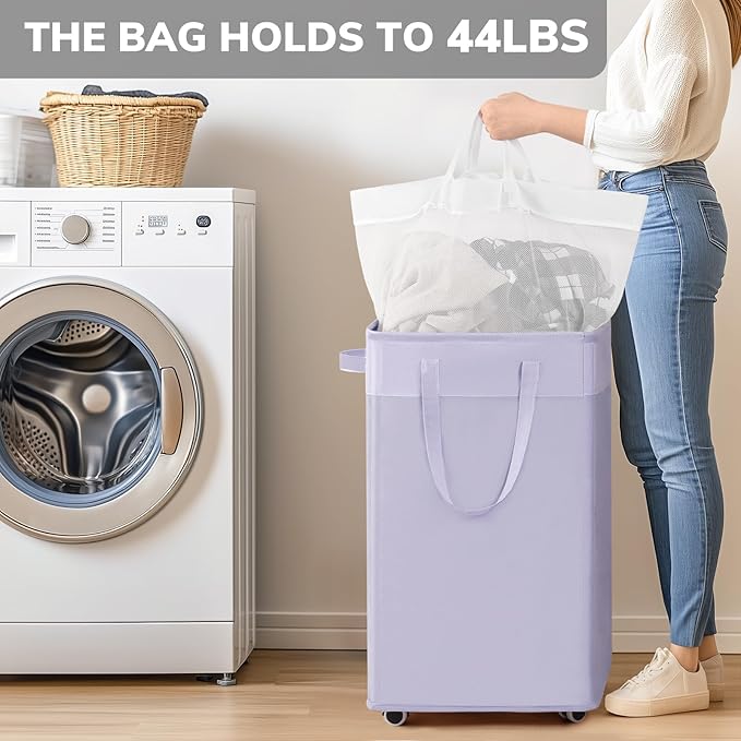 Goodpcik 2-Pack Rolling Laundry Hamper with Wheels, Hamper for Dorm, 75L | Laundry Hamper with Wheels & Handles for Dirty Clothes, Rolling Laundry Basket, Dorm Room Essentials, Light Purple